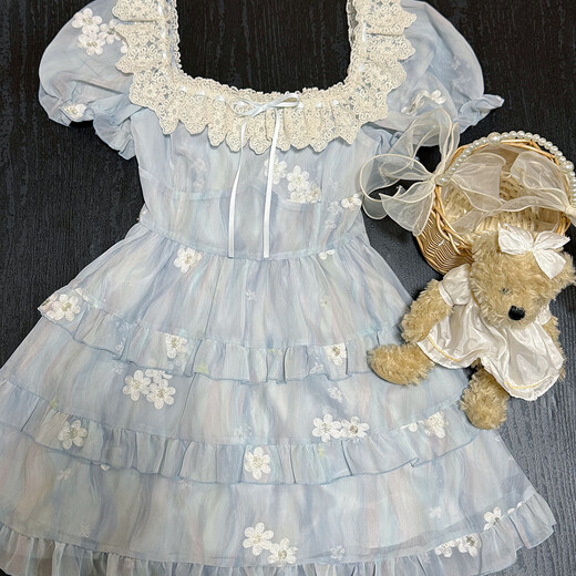 Yu Shang Zhen Produits Nouveau petit homme français en été super fée, robe à gâteau floral sucré robe, robe respirante mince [bleu M]