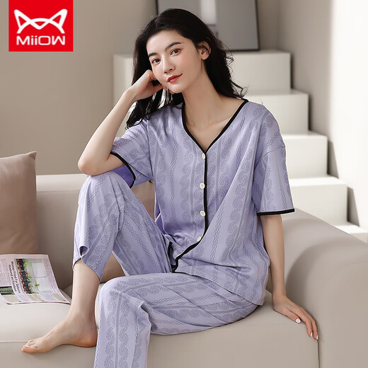 猫人 MIIOW睡衣女春夏短袖长裤开衫韩版可爱V领夏天家居服全纯棉套装 YSH-9734#开衫 M 码80-100斤