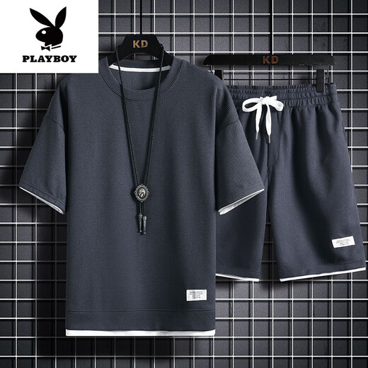 花花公子（PLAYBOY）高端重磅短袖T恤男夏季宽松大码运动短裤套装工作服圆领透气潮 829黑色【套装】 M 100-120斤