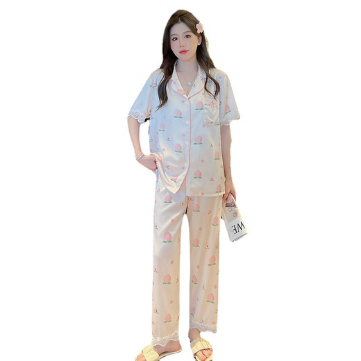 Langsha Peach Lace Pyjamas für Frauen im Sommer Ice Seidely Short-Ärmel-Hosen Süßes Zuhause YFY-9905# Kurzärmelige Hosen M Empfohlen 80-100jin [Jin ist 0,5 kg]