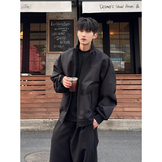 ZHUYIFAN Jacket Men's Three-Proof Flying Autumn and Winter Thickened Velvet Set Stand-up Collar Baseball Jacket Short Workwear Jacket Trendy Black Jacket L 110-130Jin Jin is equal to 0.5 kg