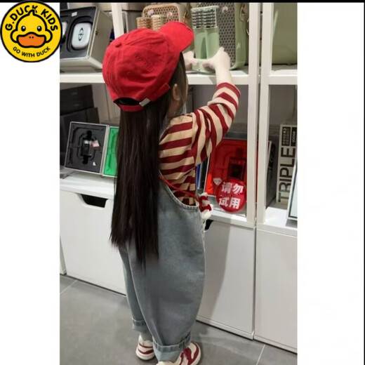 G.DUCKKIDS Little Yellow Duck Girls Denim Overalls Suit Spring Korean Retro Two-piece Set for Baby Girls Western Cute Tops Set Retro Blue Denim Overalls + Stripes 80