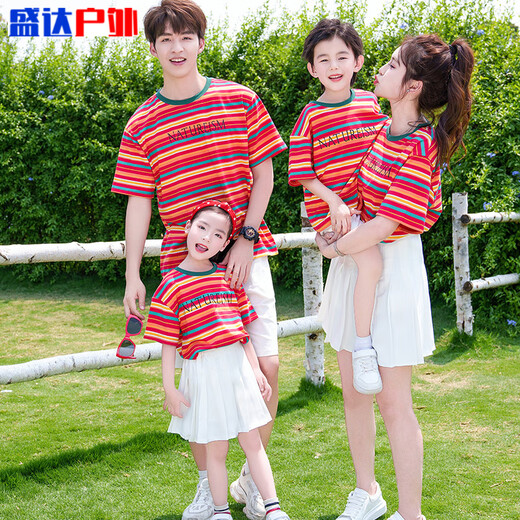 Хэ Цзягун одежда для родителей и детей в стиле матери и ребенка, одежда для родителей и детей 2025 года, новая летняя футболка для семьи из трех и четырех человек с короткими рукавами, спортивная встреча, полосатый костюм для матери, футболка + белая юбка 175 Mom L