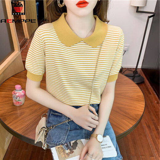 Col de poupée à rayures Aemape à manches courtes à manches courtes 2025 Été Nouveau pull de soie de glace T-shirt mince T-shirt Small Age-Reduicing Top DX691 # Yellow M Recommandé 100-120jin [Jin est égal à 0,5 kg]