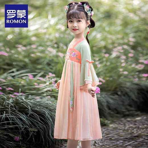 罗蒙女童汉服儿童唐装中国风小女孩古装襦裙夏季款连衣裙毕业演出服 绿橘粉襦裙 HQ1129 140