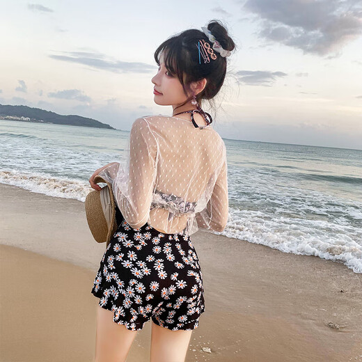 连体遮肚显瘦泡温泉小胸性感保守学生长袖罩衫大码泳衣女装泳衣 湖蓝色 XL 【105-120斤】