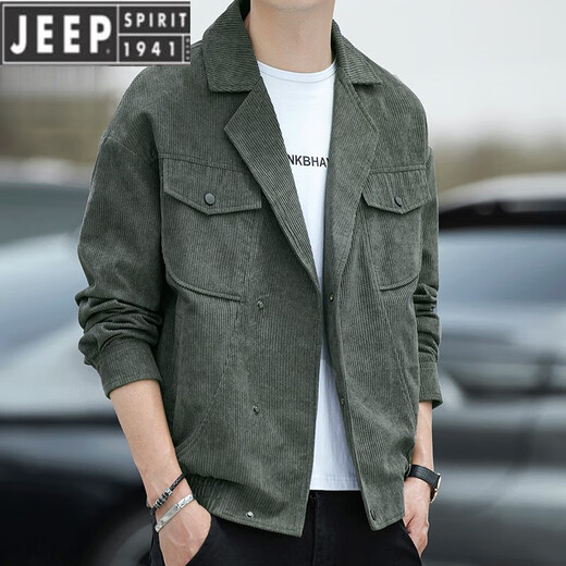 JEEP SPIRIT西装领男士纯色夹克春秋季新品韩版潮牌灯芯绒休闲男装外套 黑色 XL ( 125-140斤)