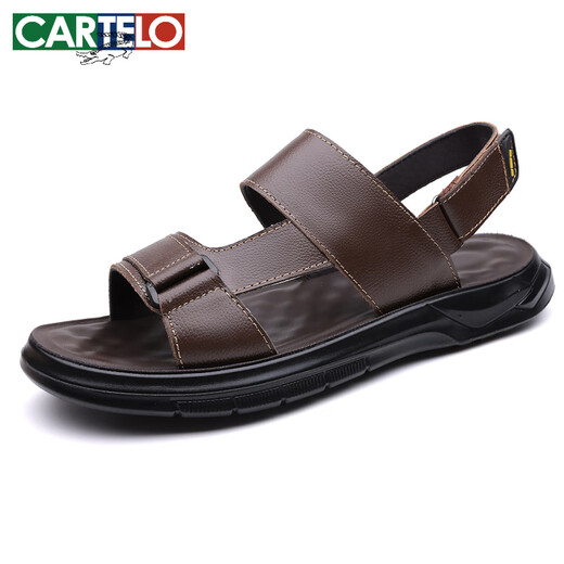 卡帝乐鳄鱼（CARTELO）男鞋夏季百搭软底轻便透气凉拖鞋男士真皮休闲沙滩凉鞋 2691棕色 38