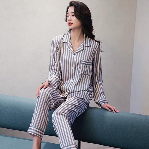 梦特娇（MONTAGUT）2025年新款睡衣女春秋款冰丝长袖条纹开衫翻领时尚网红居家服套装 xe双长6625#灰粉条纹 均码 m