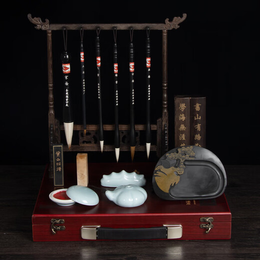 Shanlianhu pen, high-end study gift box, four treasures of study set, pen, ink, paper and inkstone calligraphy set, beginner practice brush and inkstone, introduction to copying, popular products, retro gift box