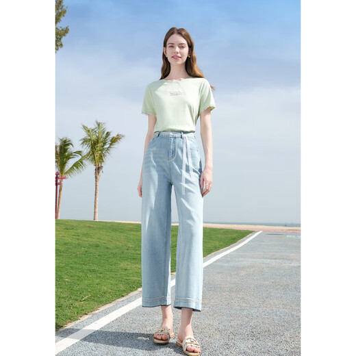 百图betu女装2025夏季新款牛仔阔腿裤棉感天丝九分裤裤子女2505X15 浅牛仔蓝 M