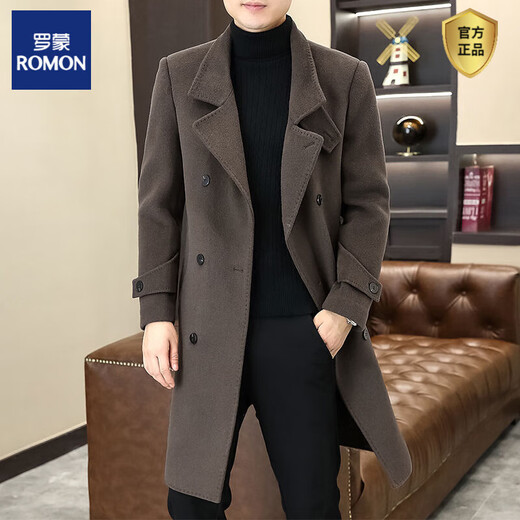 ROMON woolen coat men's autumn and winter Korean style slim-fitting mid-length woolen windbreaker style fashionable double-breasted coat Brown 4XL 180-200