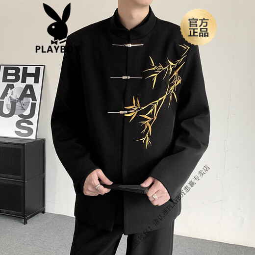 花花公子（PLAYBOY）春夏气质立领新中式竹子刺绣西装男感休闲中山装结婚西服套装 银竹 黑色单西服 M