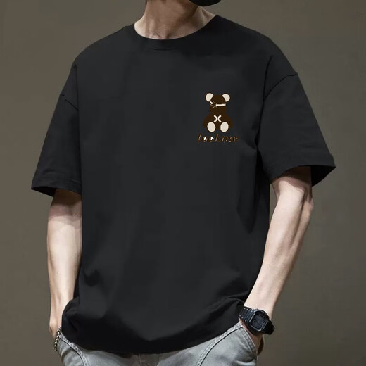 500g heavy 200 T-shirts for men in summer European and American fashion brand small neckline pure cotton short-sleeved couple outfit American five-point sleeve Violent bear-white S 90-120Jin[Jin equals 0.5 kg]