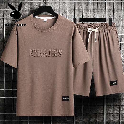 花花公子（PLAYBOY）夏季男士运动套装短袖T恤上衣宽松大码短袖短袖休闲套装帅气搭配 套装829咖色 M 建议穿90-110斤