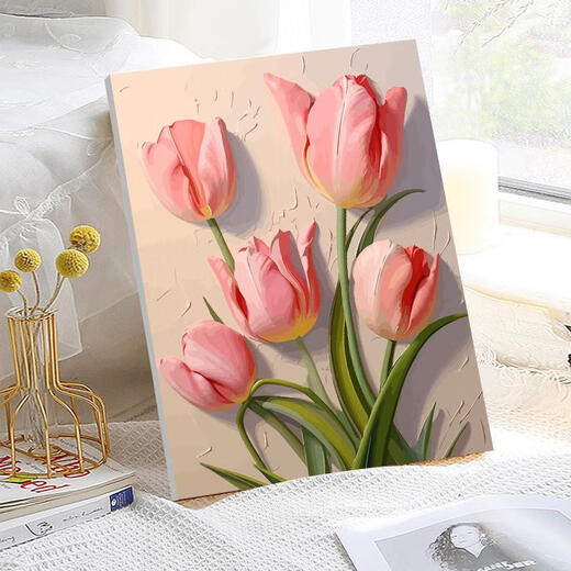 Three-April Tiger Tulip DIY digital oil painting difficult to pass the time to relieve boredom Hand-painted oil painting Living room hanging painting SJ13968 30*40cm stretched thick solid wood inner frame