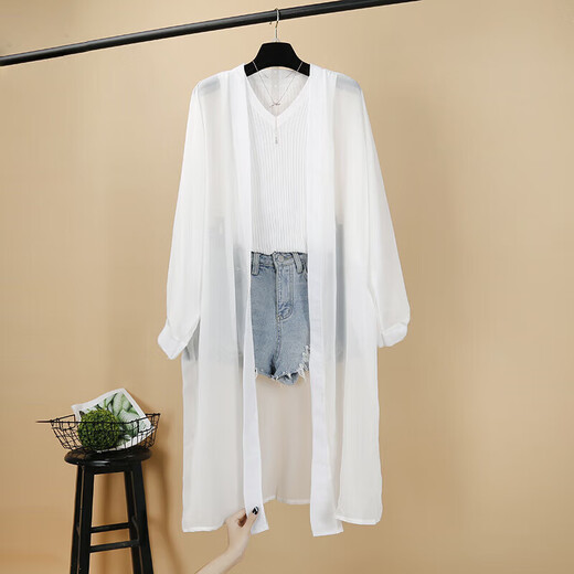 Banana Forest Square Ship Store Flagship Store [Ice Seide] Chiffon-Schaljacke mit mittlerer Länge für Frauen im Sommer Dünnweiß 693 s
