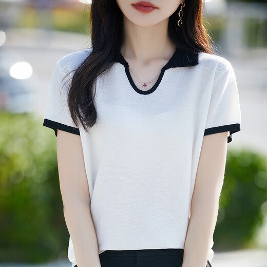 CKXNC mulberry silk lapel short-sleeved cardigan T-shirt for women 2025 summer fashion skin-friendly wool v-neck half-sleeved top white JXYZRJT-6197 L