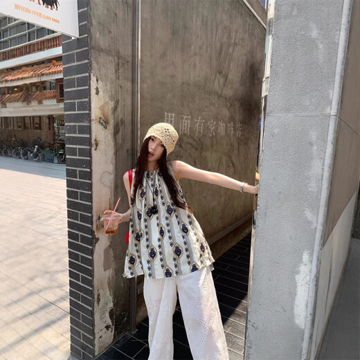 Opeodly Spot Real Shot Real Retro Retro Halter Halter Cuello Top Tubrina suelta Versática Pantalones de pierna ancha Traje casual 9273# Pantalones de encaje S Tamaño igual