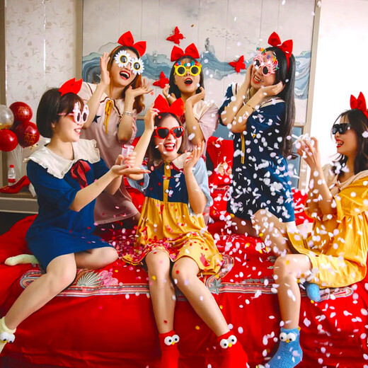 康美诗搞怪可爱女伴娘晨袍结婚在逃团新娘服公主风睡衣夏季睡裙姐妹婚礼 长袖16823+拍照道具 M