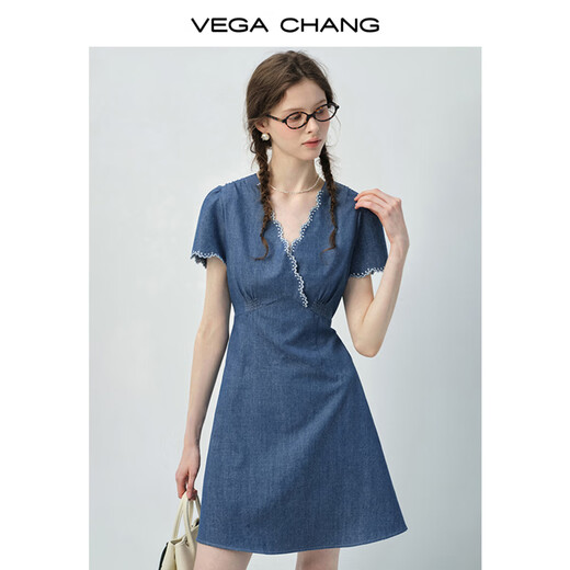 
VEGA CHANG denim dress for women 2025 new summer small V-neck lace lace slim vacation style waist-hugging skirt Bay blue (short style) L