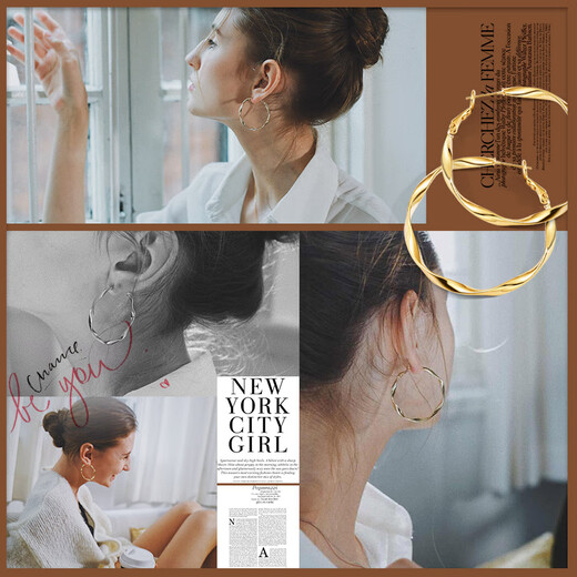 Fat Donglai's same style 18k gold hoop hoop earrings retro large 2025 new earrings women's niche design gold diameter 3.5cm 925 silver needle + combination