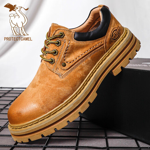 
Paul Camel Men's Shoes Spring Work Shoes Men's Low Top Genuine Leather British Casual Leather Shoes Thick Sole Rhubarb Martin Boots F3889_Golden 38