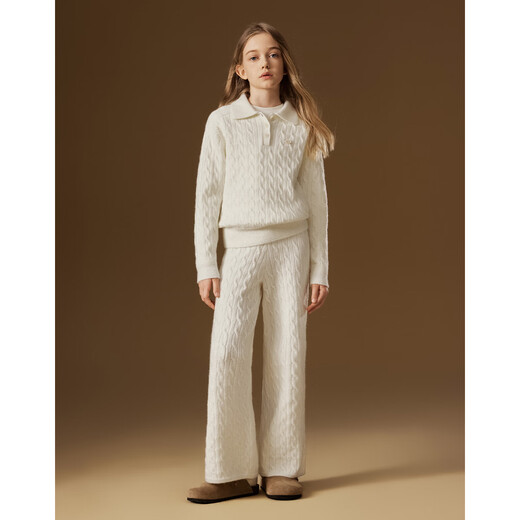 ELLE KIDS童装 学院经典绞花套装女儿童秋冬新款套头毛衣/针织长裤可选 本白色-上衣 150