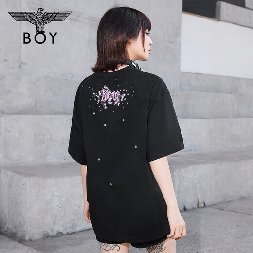 BOY LONDON【暗夜星辰】 秋季情侣款短袖烫钻粉色老鹰T恤 N01003 黑色 XS