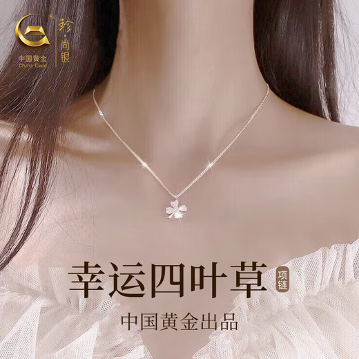 Zhen Shang Silver Chinese Gold Four Leaf Clover S925 Silver Necklace Women's Light Luxury Niche High-end Birthday Gift for Girlfriend and Wife
