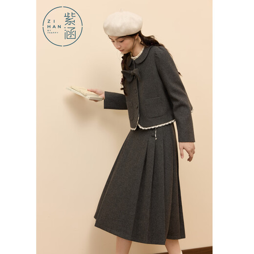Zihan (ZIHAN) Zihan gray plaid wool lapel bow short coat a-line pleated skirt two-piece suit for women 2025 winter new gray plaid XS