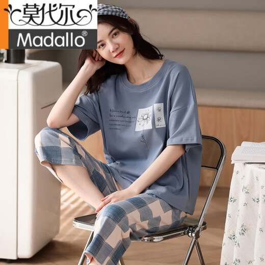 莫代尔品牌高档2025年新款爆款睡衣女夏季纯棉短袖两件套夏天条纹家居服 YZT9857 M 女款 建议80-100斤