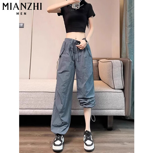 棉致美式冰丝速干工装休闲裤子女夏季薄款2025新款高腰显瘦运动阔腿裤 E688黑色【高品质30.5】 M 90-100斤