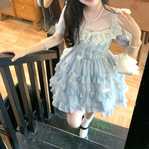 Yu Shang Zhen Produits Nouveau petit homme français en été super fée, robe à gâteau floral sucré robe, robe respirante mince [bleu M]