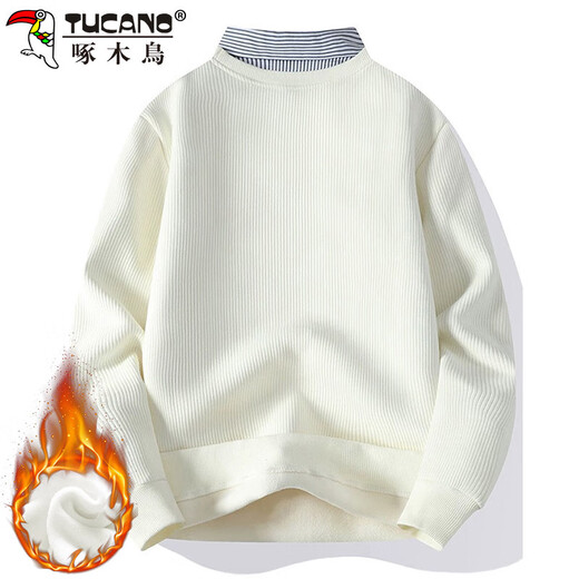 啄木鸟（TUCANO）卫衣男秋冬季长袖t恤假两件宽松衬衫领休闲外套男装 米白加绒 XL