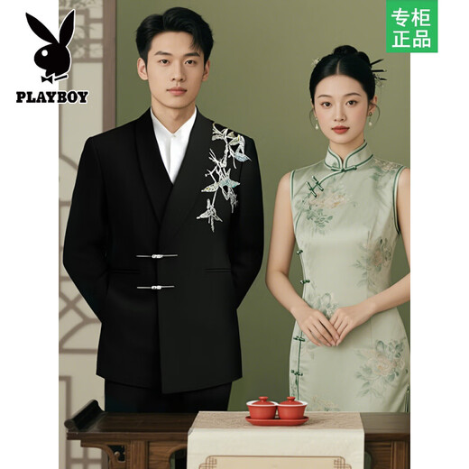 Playboy Suit Shop Loose Embroidery Wedding New Chinese Suit Suit Engagement Groom Wedding Banquet Zhongshan Men's Clothing Black Suit + Pants + Black Gold Button Shirt S