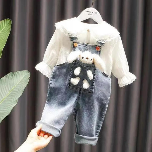 Disney baby girls overalls suit spring and autumn children 2025 new pants autumn children's fashionable trousers baby jeans suit (blue) overalls + shirt 80 recommended 75-85cm 9-12 months