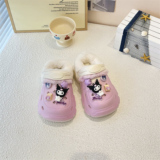 Children's cotton slippers, non-slip, warm, cute cartoon Kuromi girls' slippers plus velvet clogs, indoor and outdoor shoes, purple, size 28-29, inner length 18cm