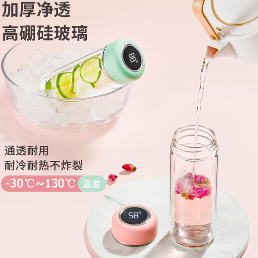 双层透明加厚耐热防爆便携式可爱玻璃杯智能显温高颜值办公室水杯 【2025一键速开】樱花粉-11301ml