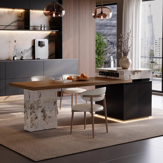 KSALOY Italian minimalist island dining table all-in-one home retractable slate small apartment restaurant high-end dining chair center guide table retractable island socket light strip + induction cooker 2.35m -2.7m slate island dining table