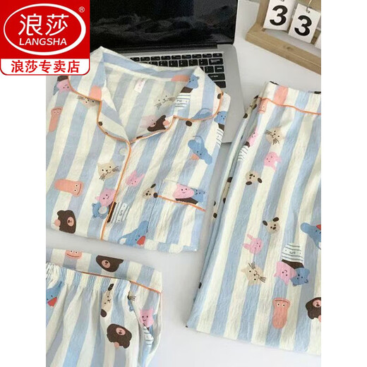 Langsha Drei-teilige Pyjamas für Frauen im Sommer 2025 Neues dünner Stil niedliche Cartoon Frühling und Herbst Frauenwolke Baumwoll-Zweiteiler 9921# Wolken Baumwoll-Drei-teilige Set M [3-mal weicher als gewöhnlicher Stoff]
