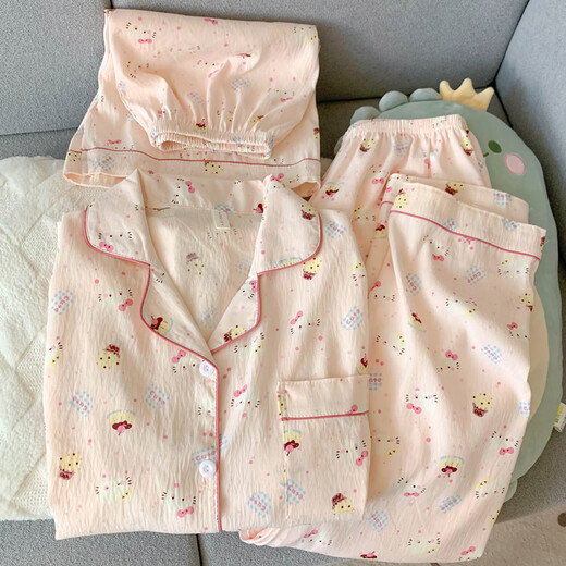 诗迦努2025新款卡通短袖睡衣女三件套云朵纱家居服七夕 云朵棉-J9901乐园小狗三件套 M 【建议75-100斤】