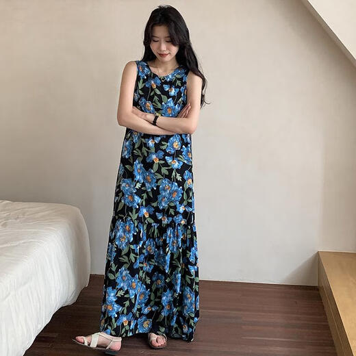 IOSN2025新款无袖连衣裙长裙睡裙女可外穿加长款女士背心裙御姐 8002背心裙红格子 均码 F裙长12590-150斤