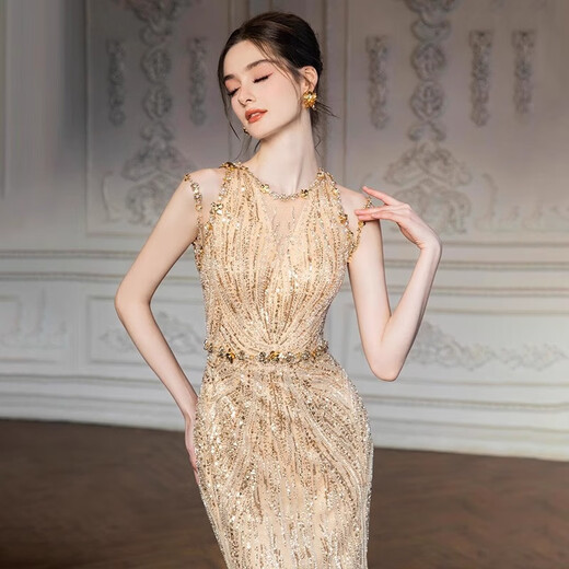 OEMG High-End 2025 New Gold Host Evening Dress Female Heavy Industry Student Day Etiquette Exam Annual Party Engagement Return Gold XS