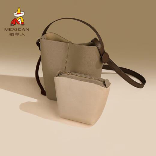 Vogelscheuche (mexikanische) Tasche Frauenhandtasche Marke Big Bag Nische Kuhlattenpendlertasche Umhängetasche Eimer Bag Beige (Cowhide)