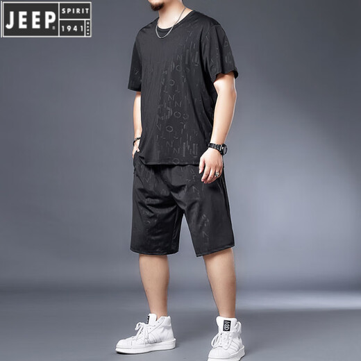 JEEP SPIRIT冰丝速干t恤男胖子肥佬加肥加大码男装夏季休闲运动短袖短裤套装 9922一套 3XL