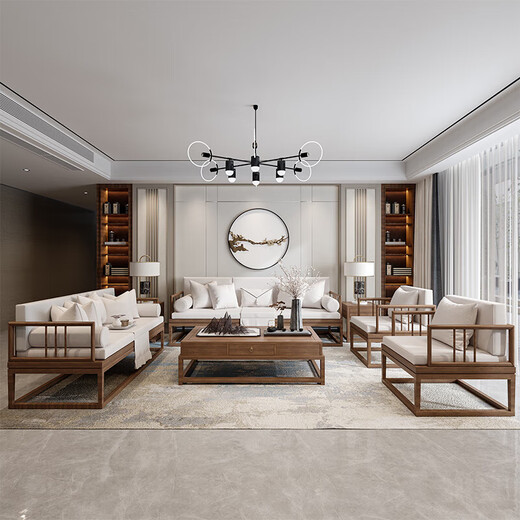 Jigi Song Dynasty aesthetic all solid wood sofa living room lobby villa Zen light luxury new Chinese style modular furniture whole house set single seat*2+double seat+three person seat+coffee table