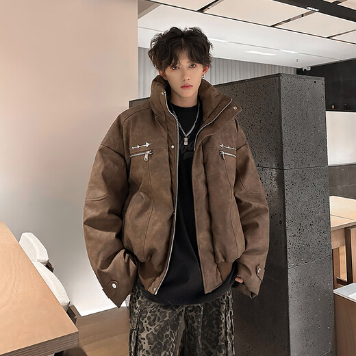 NYING Maillard PU leather cotton jacket men's winter new trendy brand thickened warm stand-up collar cotton jacket handsome loose cotton jacket brown XL