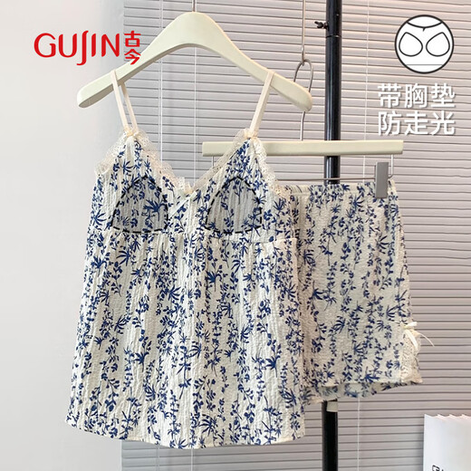 古今（GUJIN）【带胸垫】甜美泡泡纱睡衣女吊带可外穿家居服睡裤短裤轻薄套装
