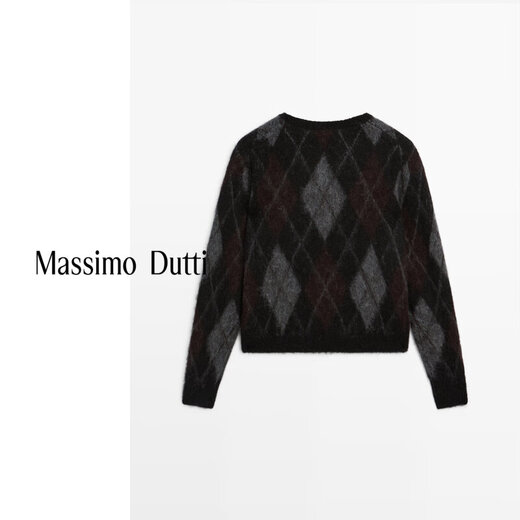 Massimo Dutti Autumn and Winter New Products 2025 Women's Retro Versatile College Style Argyle Sweater Round Neck Sweater 05768923 Black XS (CN 165/84A)